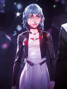 an anime character in a white dress and black jacket