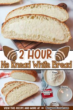 two hour no knead white bread recipe with instructions on how to make it in minutes