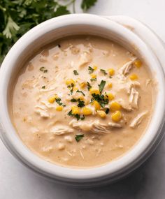 a white bowl filled with soup and garnished with parsley on the side