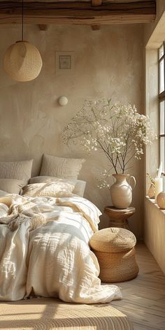 a large bed sitting in a bedroom next to two vases with flowers on them