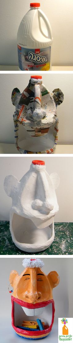 three different views of an object made out of plastic bottles and paper machs, with the top one being used as a boat