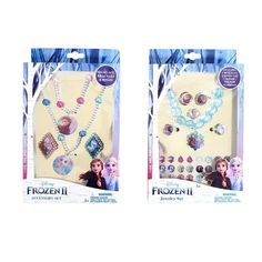 two frozen ii necklaces and earrings are shown in the package, one is for girls