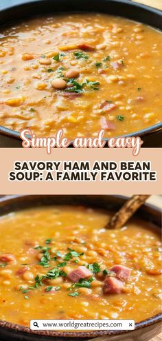 two pictures of soup with ham and beans in a skillet