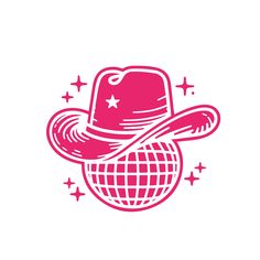 a pink hat on top of a disco ball with stars in the sky behind it