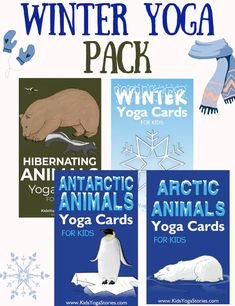 the winter yoga pack includes two books, one for kids and one for adults with an animal