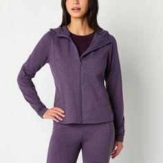 Made from recycled stretch-jersey, this women's zip hoodie from Xersion is perfect for layering through the the winter season and beyond. It features moisture-wicking techology to keep you cool and comfortable and has long sleeves with thumbholes and side pockets. Pair it with the workout leggings and sneakers for an active look.Features: Hooded, Moisture WickingClosure Type: 2-Way ZipperFit: Regular FitNeckline: Hooded NeckPockets: 2 Front Slip PocketsSleeve Length: Long SleeveWarmth Factor: Mi Fleece Jackets, Womens Winter, 2 Way, Winter Season, Workout Leggings, Winter Women, Fleece Jacket, Zip Hoodie, Moisture Wicking