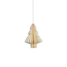 a wooden christmas tree hanging from a white ceiling fixture with strings attached to it's sides