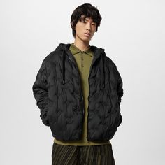 LOUIS VUITTON® - Monogram Quilted Hooded Blouson - Black Black Quilted Hooded Jacket For Winter, Casual Quilted Black Hooded Jacket, Casual Black Quilted Hooded Jacket, Black Nylon Hoodie With Double-lined Hood, Louis Vuitton Jacket, Street Style Jacket, Monogram Jacket, Monogram Quilt, Plain Jacket