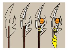 four different types of spears with orange balls on them