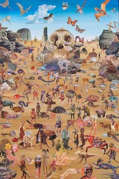 a painting with many different people and animals in the desert, including birds flying over them