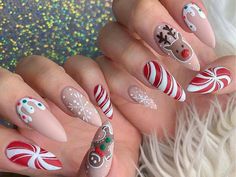 🎅 Celebrate Christmas in Style with Festive Press-On Nails! 🎅 Bring the holiday cheer to your fingertips with this adorable Christmas press-on nail set! Each nail is designed with playful holiday themes, featuring candy cane stripes, gingerbread, reindeer, snowflakes, and festive colors that capture the magic of the season. The intricate designs and bright red, white, and green palette make these nails perfect for holiday parties, family gatherings, or any festive celebration. 💅 Premium Quali Classy Nail Art Ideas, Nail Art Noel, Themed Nails, Cute Christmas Nails, Christmas Gel Nails, Blue Nail, Nail Swag, Winter Nail Art, Festival Nails