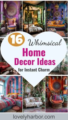 a collage of images with the words, 16 whimsical home decor ideas for instant charm