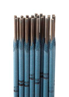 six blue and gold colored pencils are lined up