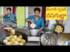 two men in blue shirts cooking food on a stove top with potatoes and other ingredients