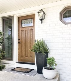 a front door with two plants and a potted plant