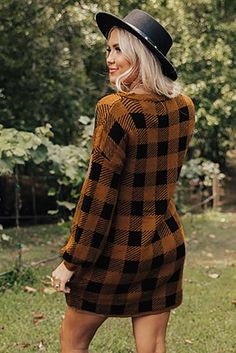 Brown Plaid Sweater Dress Yellow Long Sleeve Dress For Fall, Casual Relaxed Fit Dress For Fall, Brown Relaxed Fit Dress For Fall, Oversized Yellow Dress For Fall, Relaxed Fit V-neck Dress For Fall, Oversized Yellow Dresses For Fall, Casual Yellow Fall Dress, Casual Yellow Dress For Fall, Orange Long Sleeve Fall Dress