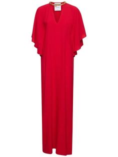 Buy Moschino Embellished Envers Satin Kaftan Dress - Red At 50% Off | Editorialist Satin Kaftan Dress, Satin Kaftan, Embellished Maxi Dress, Embellished Neckline, Long Red Dress, Drape Sleeves, Dress Home, Pink Maxi Dress, Kaftan Dress