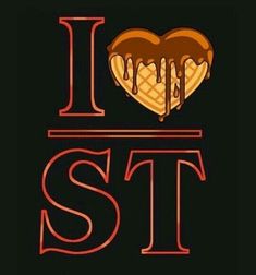 the word i love st is written in red and black with a heart shaped waffle