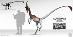 an artist's rendering of a dinosaur with long neck and tail, standing next to a man