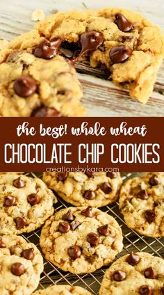 the best whole wheat chocolate chip cookies on a cooling rack with text overlay that reads, the best whole wheat chocolate chip cookies