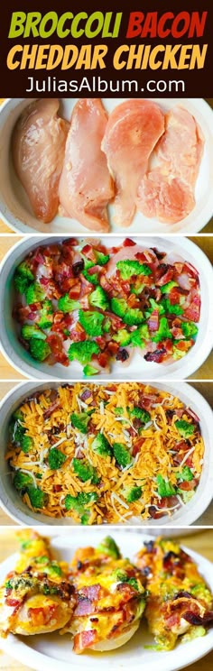 broccoli bacon chicken dinner is shown in three different dishes with the title above it