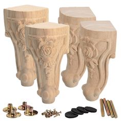 three carved wooden stools with screws and nails next to each other on a white background