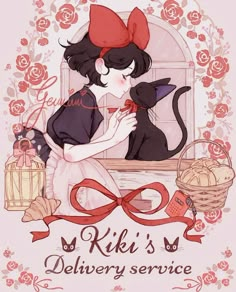 a drawing of a girl with a cat on her lap and the words kiki's delivery service