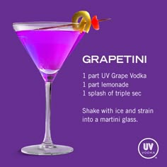 a purple cocktail with olive garnish on the rim and text grapetin 1 part iv grape vodka 1 part lemonade 1 splash of triple sec shake