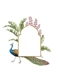 a peacock is standing in front of a white background with a gold frame and green leaves