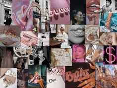 a collage of photos with the word gucci written in pink and white letters