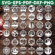 the svg - eps dxf christmas ornaments are shown on a wooden background