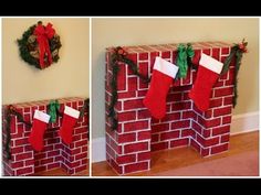 two pictures of christmas stockings hanging on a brick wall