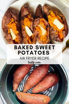 uncooked sweet potatoes in the air fryer and baked sweet potatoes with butter Air Fryer Recipes Potatoes, Sweet Potato Recipes Baked, Sweet Potato Recipe