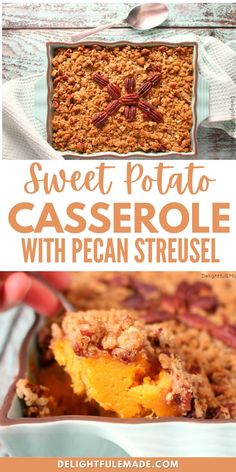 Sweet Potato Casserole with Pecan Streusel is an amazing side or dessert to any holiday meal! This Ruth's Chris Copycat Recipe is very popular. Restaurant patrons have been known to order this rich side for dessert and have it topped with vanilla ice cream. I decided as soon as I enjoyed this decadent side dish in the restaurant that I must figure out how to make it at home! Ruth Chris Sweet Potato, Ruth Chris Sweet Potato Casserole, Sweet Potato Casserole With Pecans, Oven Baked Asparagus, Ruths Chris Sweet Potato Casserole, Parmesan Mashed Potatoes, Canning Sweet Potatoes, Ruth Chris, Quick Pasta Recipes