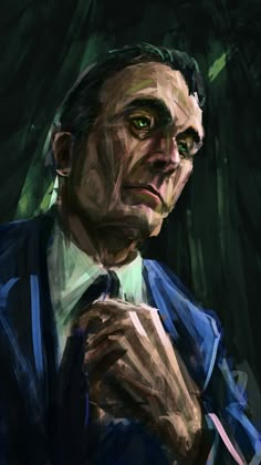 a digital painting of a man in a suit and tie with green eyes looking at the camera