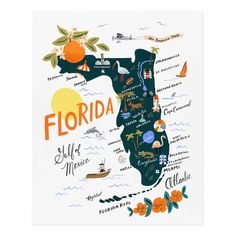 an illustrated map of florida with all the states and major cities in orange, blue, green, yellow and white