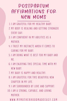 a pink poster with the words postpartum affirmations for new moms