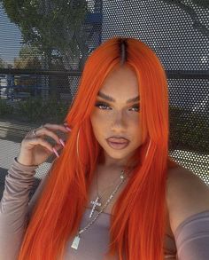 Dyed Hair Orange, Neon Orange Money Piece Hair, Orange And Red Hair, Bright Orange And Red Hair, Orange Copper Hair, Orange Hairstyles Aesthetic, Vivid Orange Hair, Orange Hair Bright, Bright Orange Hair