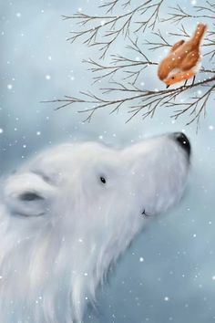 a painting of a dog and a bird on a tree branch with snow falling down