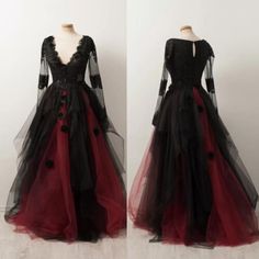 Gothic Wedding Dresses Long Sleeves Lace Appliques Black And Red Bridal Gowns | eBay Gothic Ball Gown For Wedding, Black Long Sleeve Gown For Prom, Gothic Floor-length Wedding Dress, Black Long Sleeve Gown For Prom Season, Formal Red Tulle Ball Gown, Red Long Sleeve Ball Gown For Banquet, Red Ball Gown Wedding Dress For Banquet, Red Tulle Ball Gown For Formal Occasions, Red Tulle Ball Gown For Formal Events