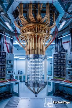 the inside of a large machine room with lots of wires hanging from it's ceiling