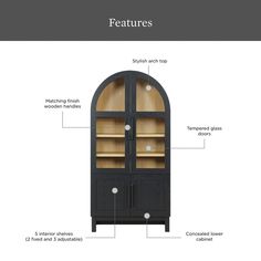 the features of an arched cabinet with glass doors and wood trimmings, including two shelves