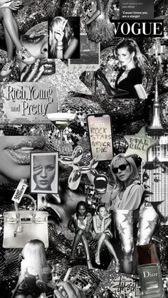 black and white collage with images of women in the background, including an image of a