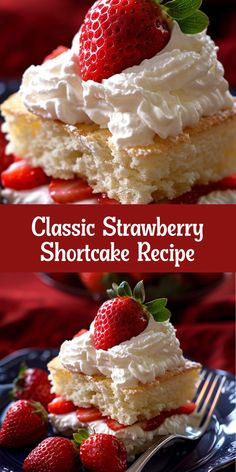 two pictures of strawberry shortcakes with whipped cream and strawberries on top