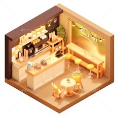 Vector Isometric Small Coffee Shop or Cafe Isometric Art Cafe, Isometric Cafe Illustration, Cafe Decoration Ideas Coffee Shop, Cafe Isometric, Isometric Coffee Shop, Isometric Cafe, 3d Coffee Shop, Caffe Ideas, Tiny Cafe