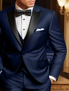 Black Men's Prom Suits Wedding Party Evening Tuxedos 3 Piece Solid Colored Peak Plus Size Tailored Fit Single Breasted One-button 2024 2024 - RON 625.99 Party Suit For Men, Mens Blue Tuxedo, Groom Men Suits Wedding Colors, Male Suit Wedding, Wedding Party Colors Winter, Best Tuxedo For Men, Mens Blue Tux Wedding, Suit For Wedding Mens