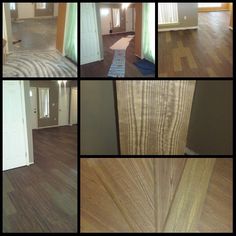 several pictures of different rooms with wood floors and doors on each side of the room