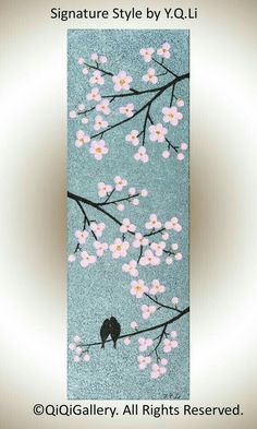 a painting with flowers and a bird sitting on it's branch in front of a blue background