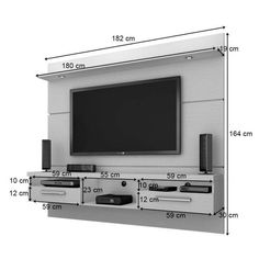 the wall mounted television is shown with measurements for each component in front of it and below it