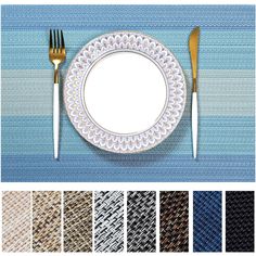 a plate, fork and knife on top of a table cloth with different color patterns